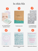 Load image into Gallery viewer, This Mindfulness Gift Box includes 33 mindfulness cards, a pocket mindfulness journal, 2 colouring sheets, a habit tracker. Use this for a month of mindfulness—perhaps as a mindfulness challenge to build a habit, or simply to embrace mindful living.